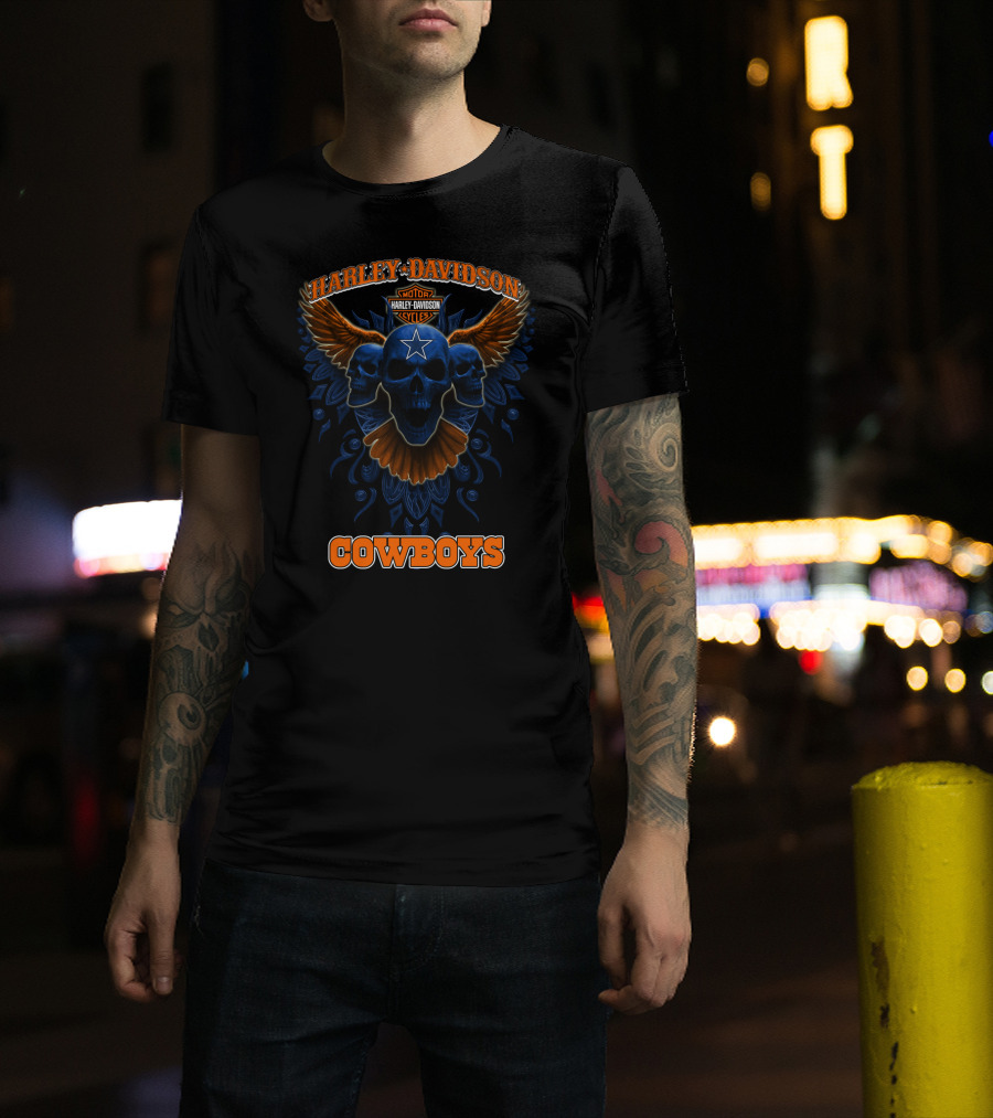 Harley Davidson Cowboys Motor Cycles Star Skull Wings T-Shirt