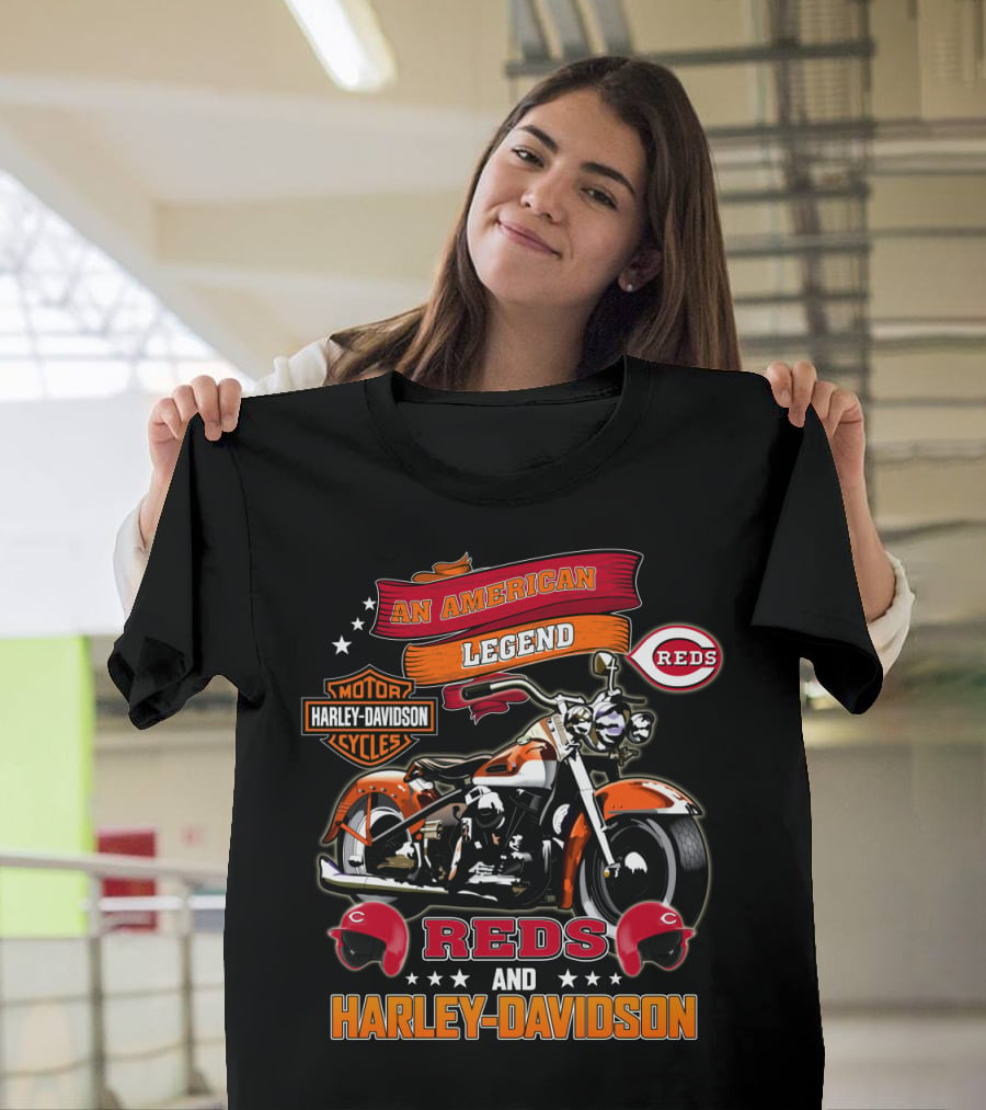 An American Legend Reds And Harley Davidson Motorcycle Mlb T-Shirt