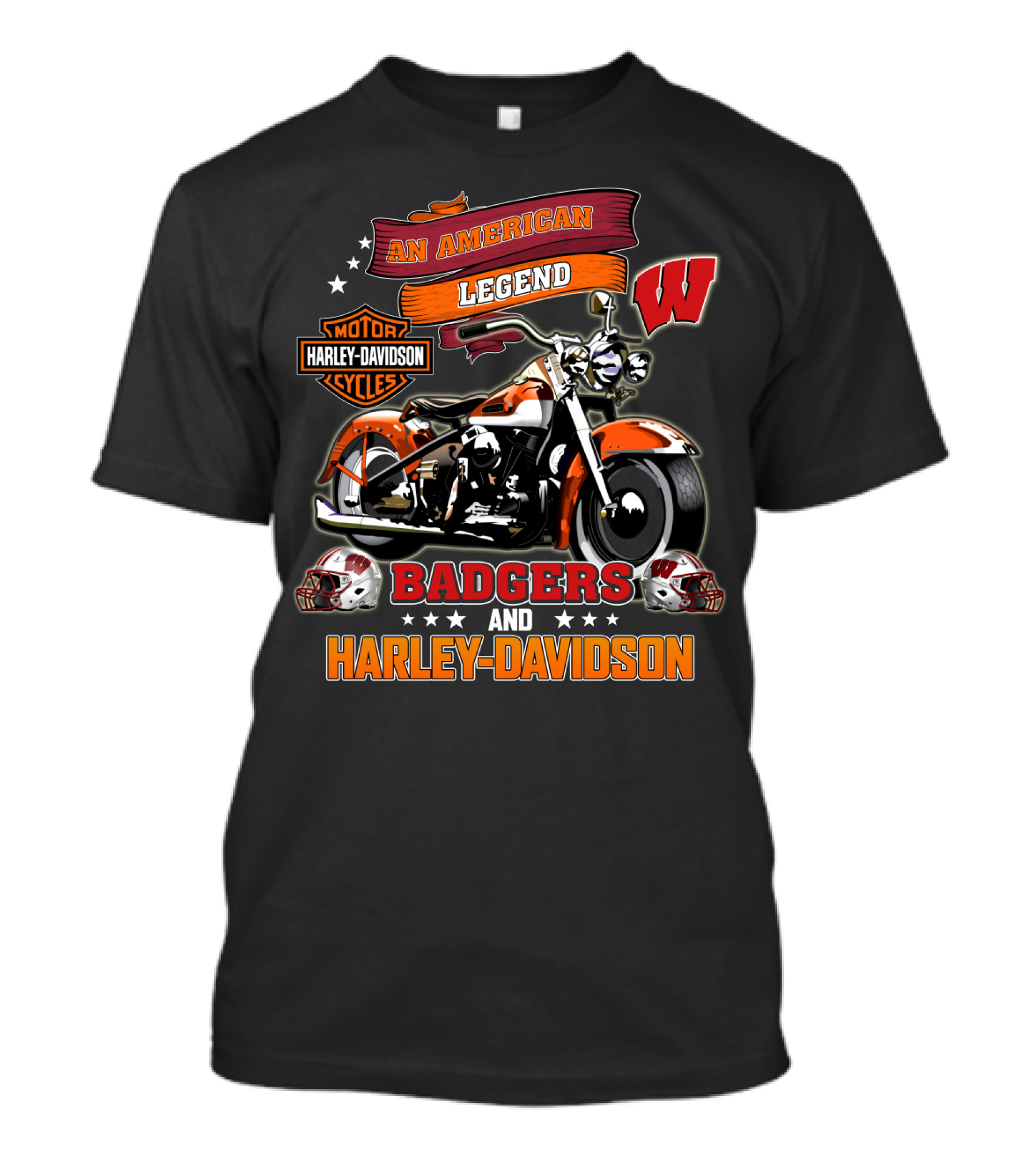 An American Legend Badgers Harley Davidson Motor Cycles W Logo Helmet T-Shirt