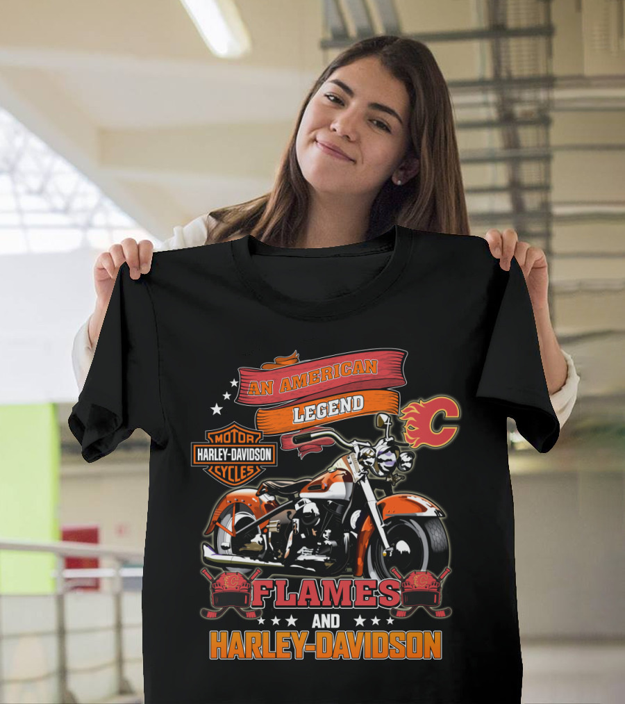 An American Legend Flames And Harley Davidson Calgary Nhl T-Shirt