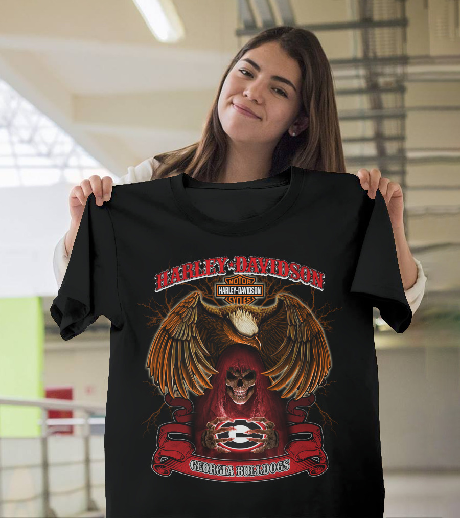 Harley Davidson Georgia Bulldogs Skull And Eagle Motorcycles T-Shirt