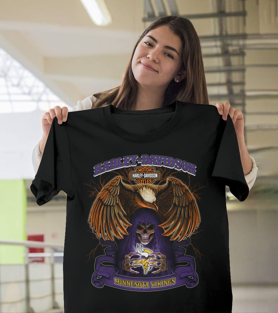 Harley Davidson Minnesota Vikings Nfl Skull And Eagle T-Shirt