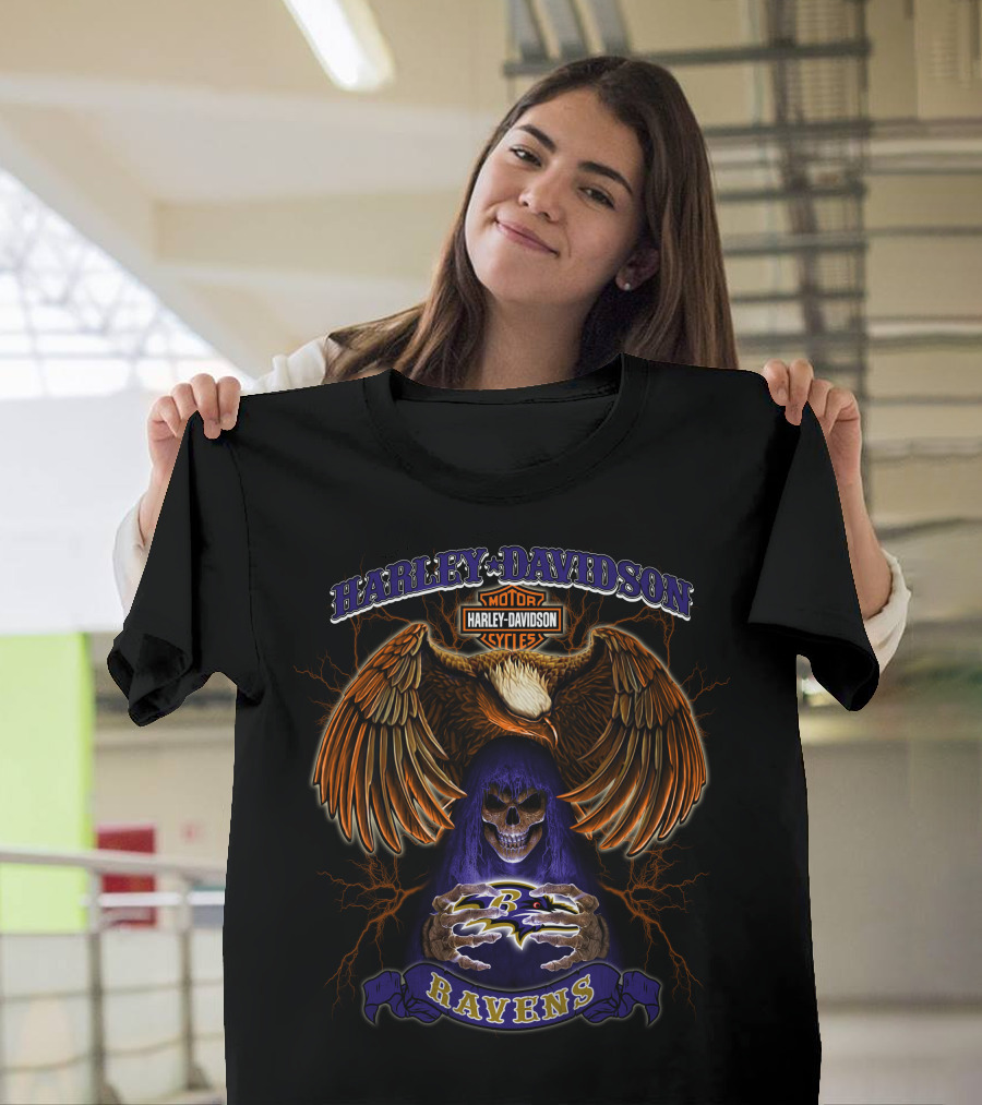 Harley Davidson Ravens Baltimore Nfl Lightning Skull Eagle Motif T-Shirt