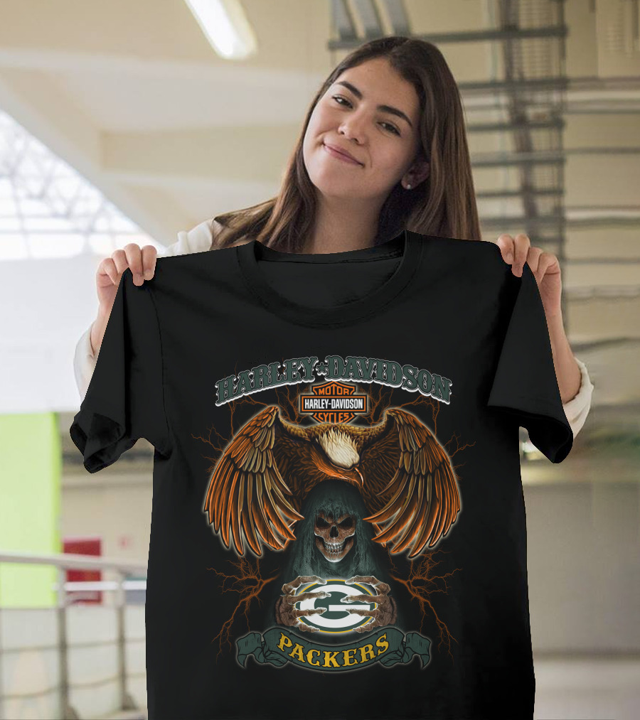Harley Davidson Motor Cycles Packers Eagle Skull T-Shirt