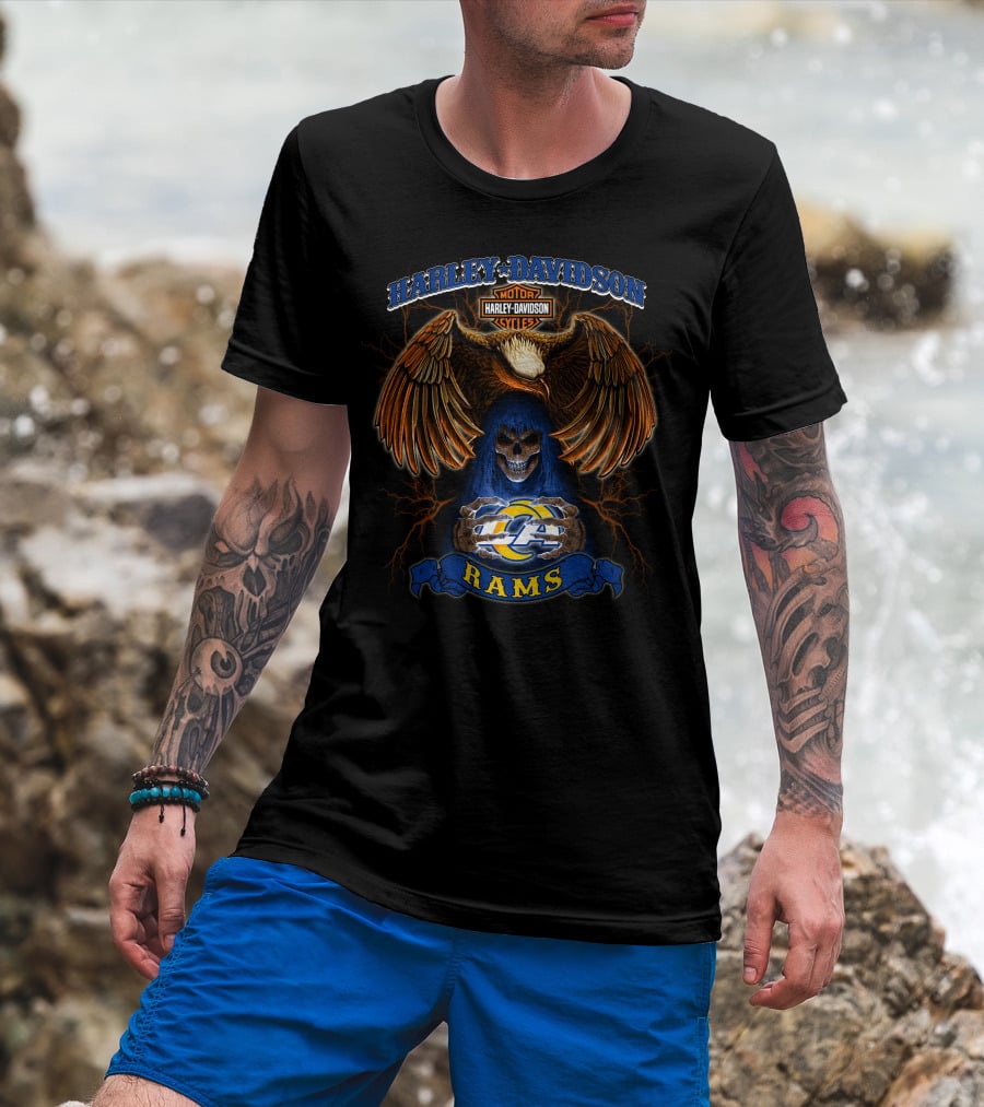 Harley Davidson Motorcycles Los Angeles Rams Nfl Eagle Skull T-Shirt