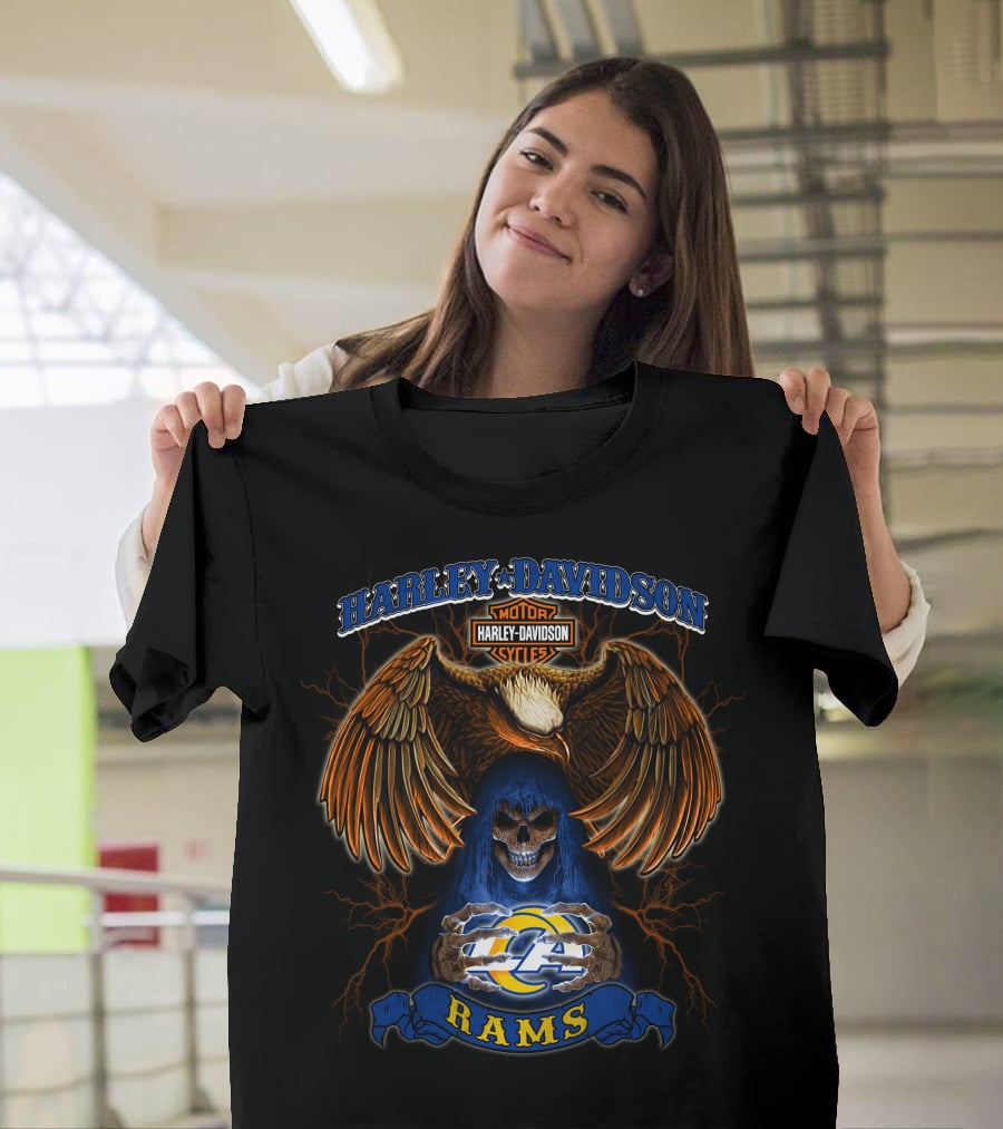 Harley Davidson Motorcycles Los Angeles Rams Nfl Eagle Skull T-Shirt