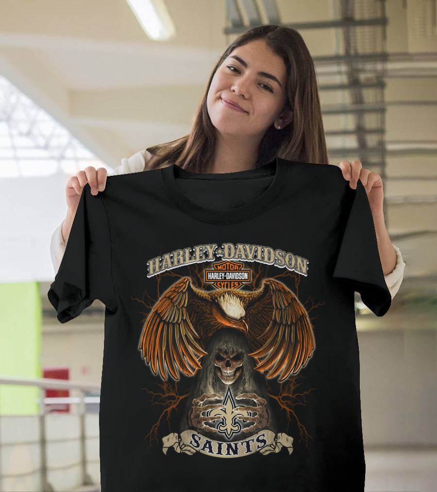 Harley Davidson Motorcycles Eagle Skull Saints Fleur-De-Lis T-Shirt