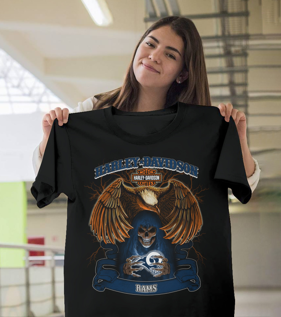 Harley Davidson Motorcycles Eagle Skull Nfl Rams T-Shirt
