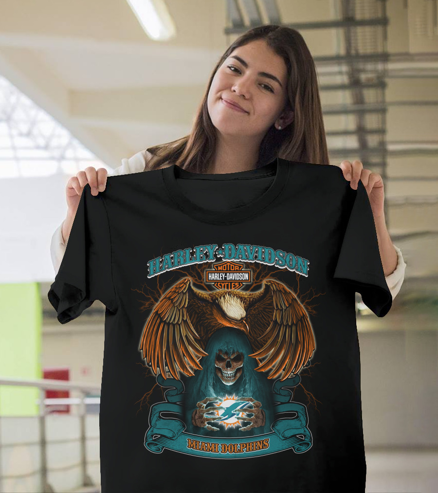 Harley Davidson Motorcycles Miami Dolphins Eagle Skull T-Shirt