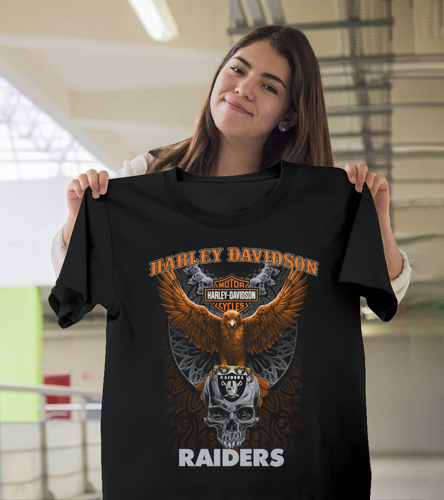 Harley Davidson Motor Cycles Raiders Eagle Skull Las Vegas Raiders Nfl T-Shirt