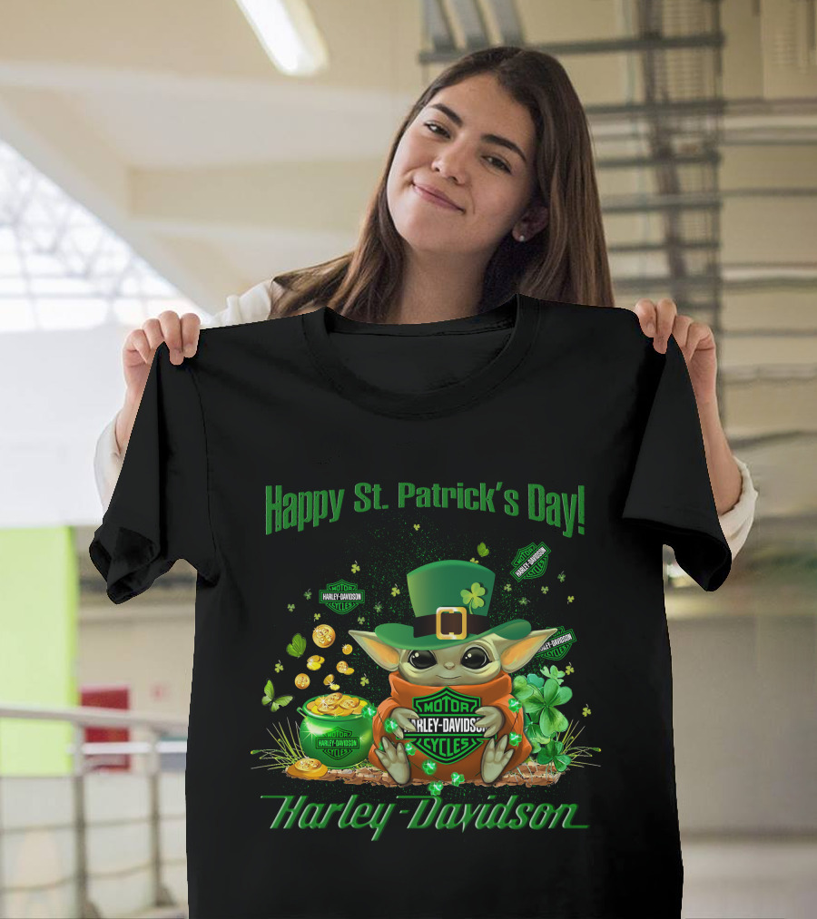 Happy St. Patrick's Day Baby Yoda Harley Davidson T-Shirt