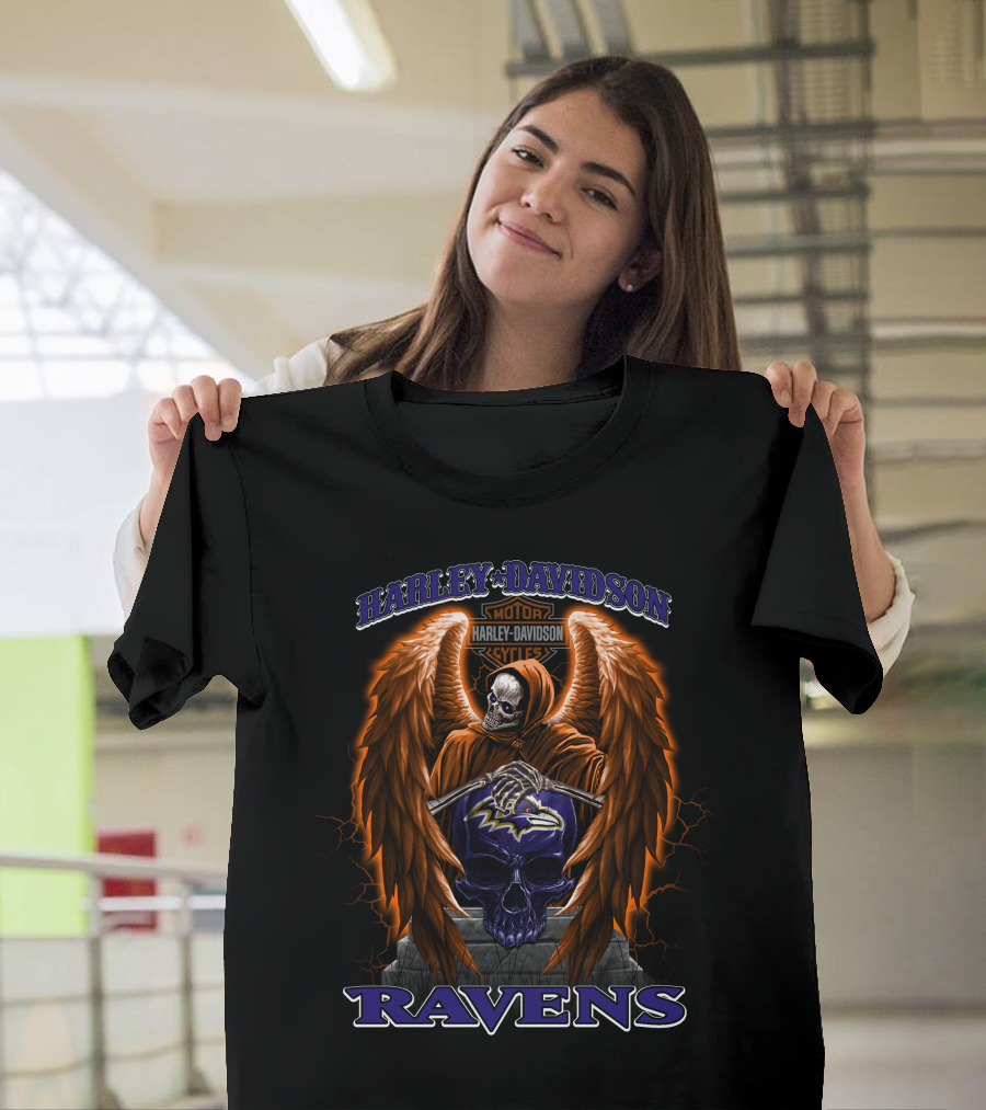 Harley Davidson Motorcycles Baltimore Ravens Nfl Skull Wings Skeleton T-Shirt