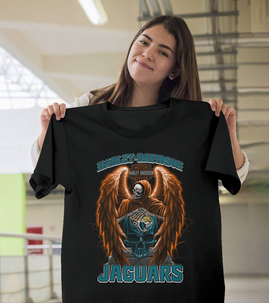 Harley Davidson Skull With Wings And Jacksonville Jaguars T-Shirt