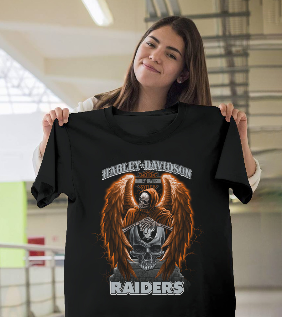 Harley Davidson Las Vegas Raiders Nfl Skeleton Skull Wings T-Shirt