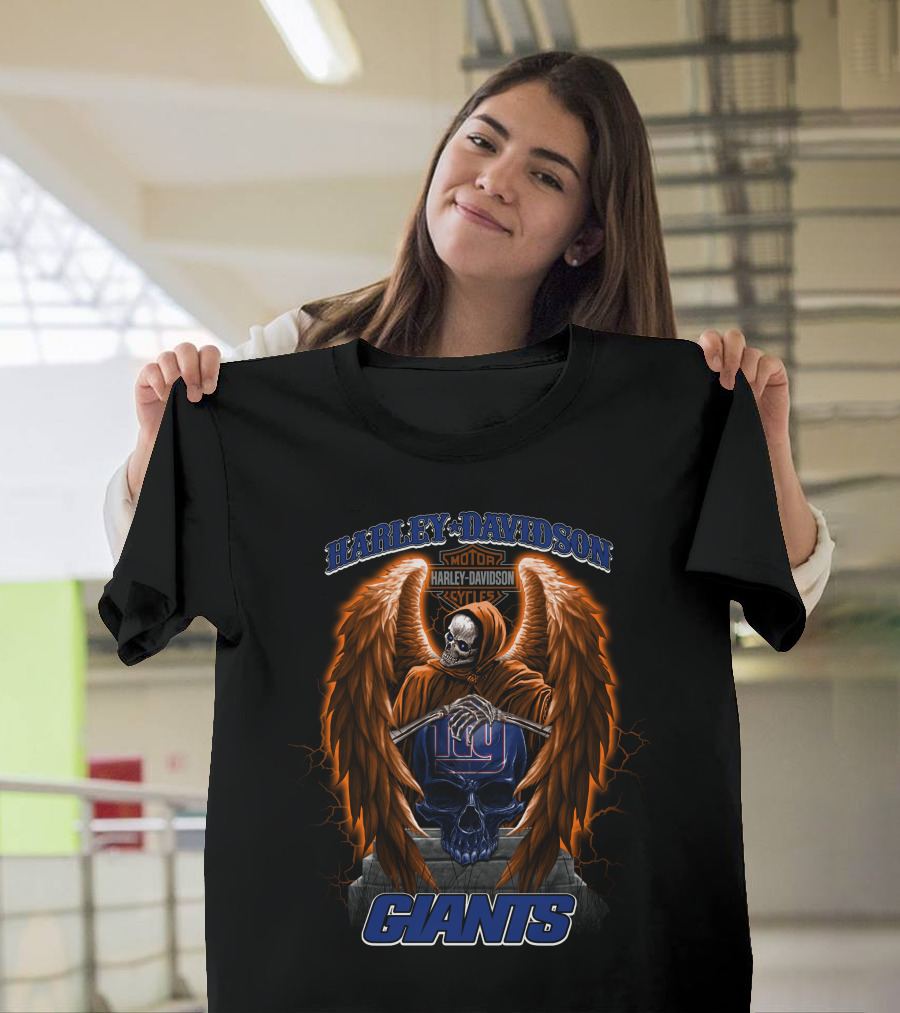 New York Giants Harley Davidson Nfl Collaboration With Skull And Wings T-Shirt