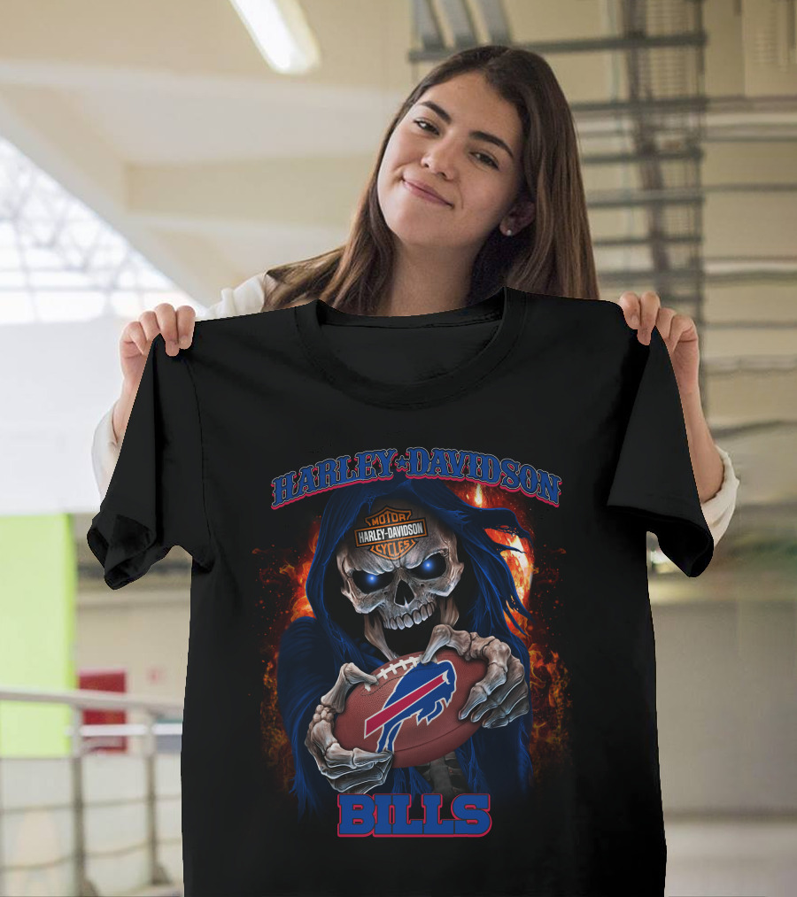 Harley Davidson Buffalo Bills Skull Holding Football T-Shirt