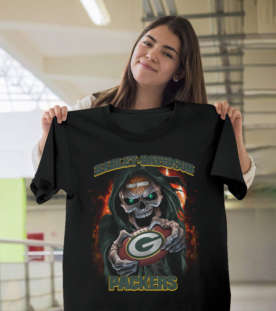 Harley Davidson Motor Cycles Green Bay Packers Skull T-Shirt