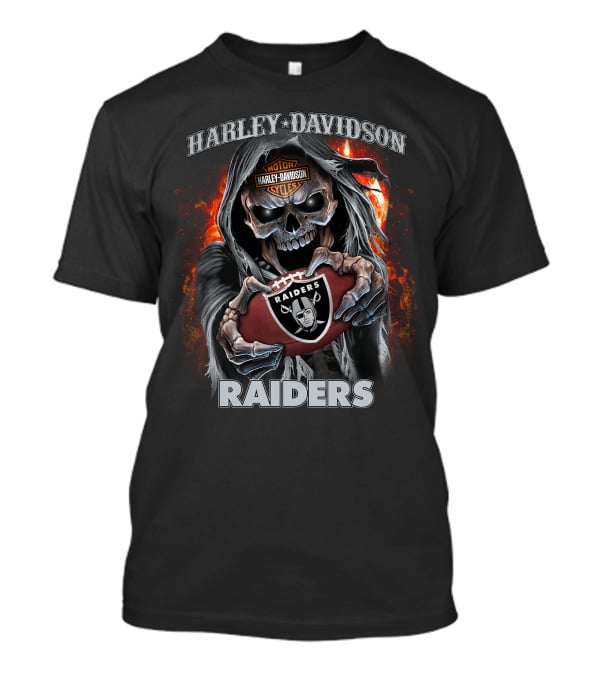 Harley Davidson Raiders Skull Holding Football With Flames T-Shirt