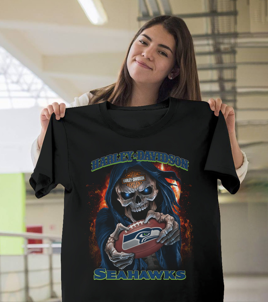 Harley Davidson Motor Cycles Skull Seahawks Football T-Shirt
