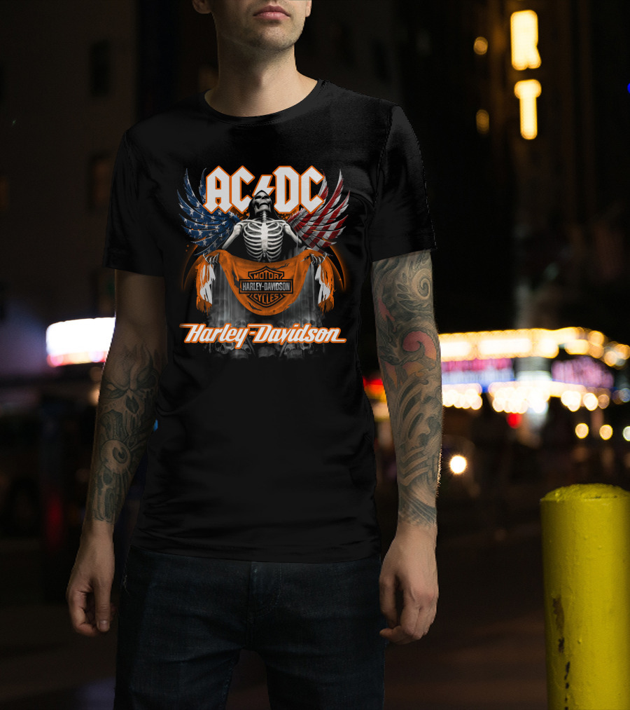 Acdc Harley Davidson Skeleton With American Flag Wings T-Shirt
