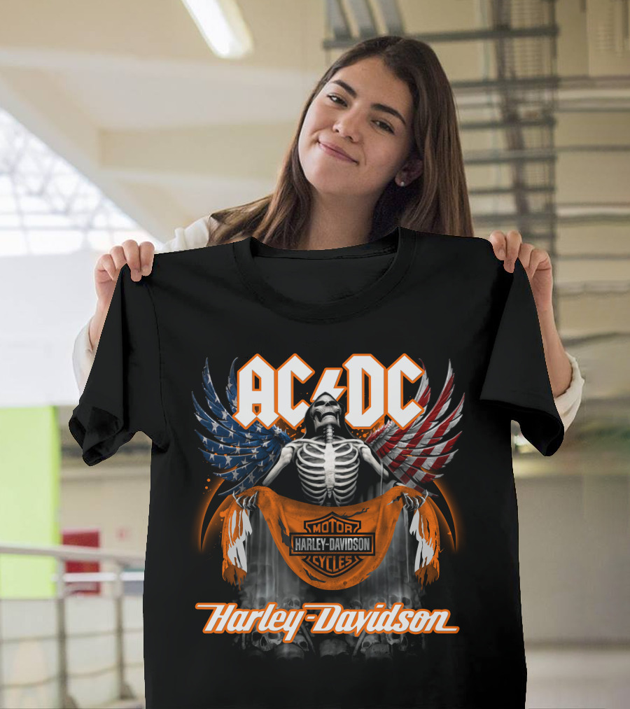 Acdc Harley Davidson Skeleton With American Flag Wings T-Shirt
