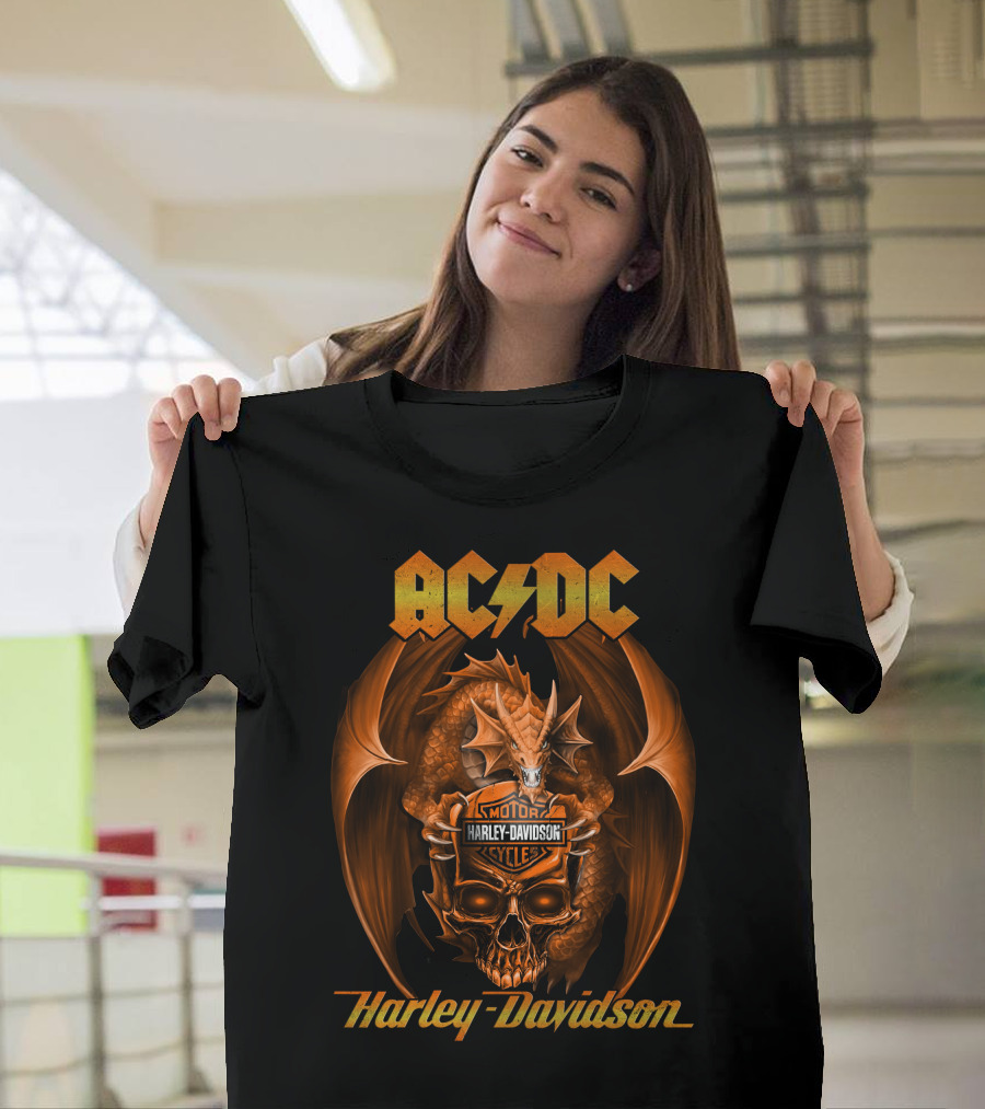 Ac Dc Harley Davidson Motor Cycles Dragon And Skull T-Shirt