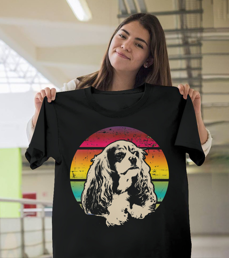 Classic Retro Cavalier King Charles Spaniel Vintage Sunset Stripes T-Shirt