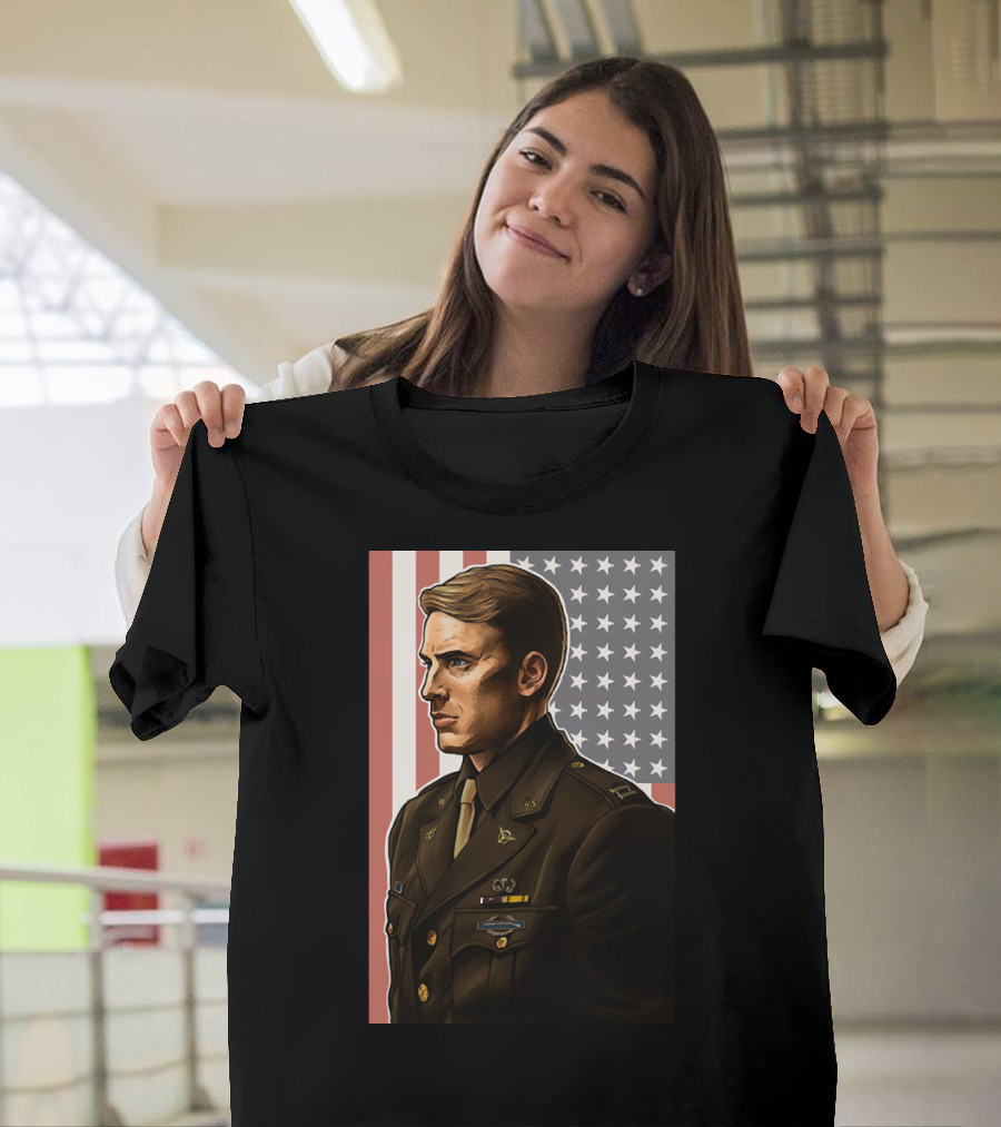 Captain Steve Rogers Military Portrait with American Flag Background T-Shirt