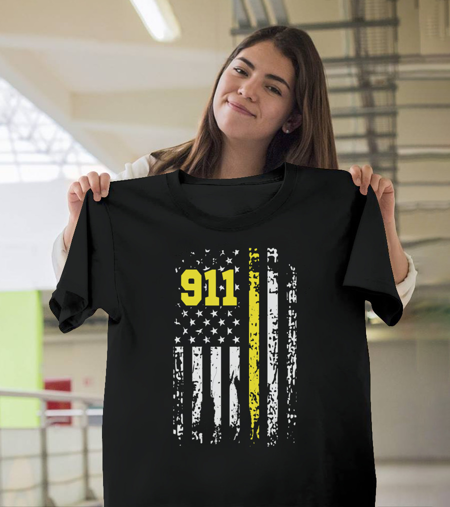 911 Dispatcher USA First Responder American Flag Thin Gold Line T-Shirt