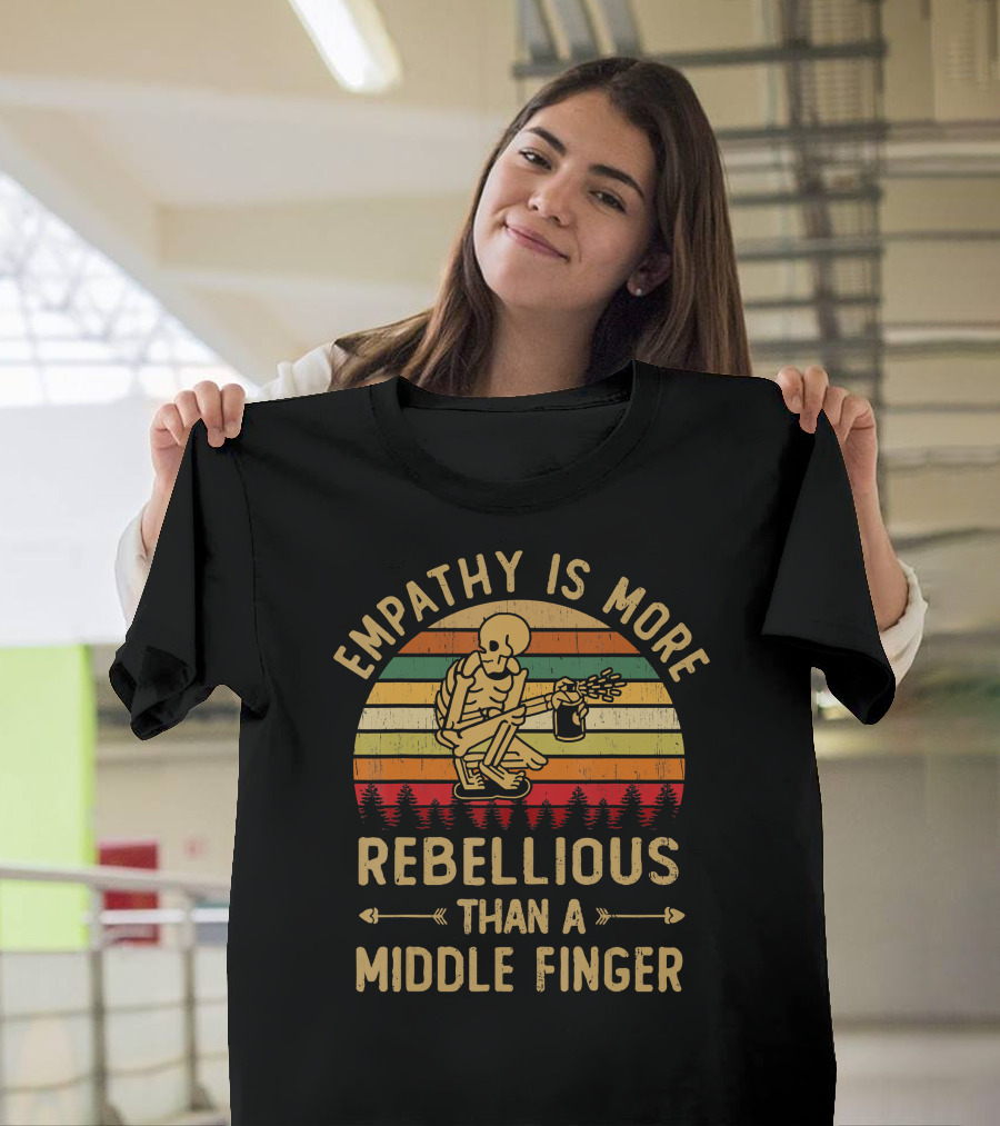 Empathy Is More Rebellious Than A Middle Finger Skeleton With Acoustic Guitar And Retro Stripes T-Shirt