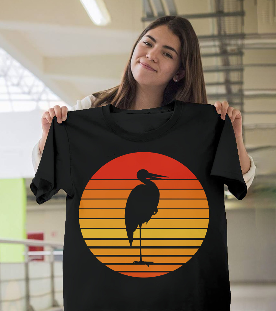 Heron Bird Silhouette Against Sunset Stripes T-Shirt