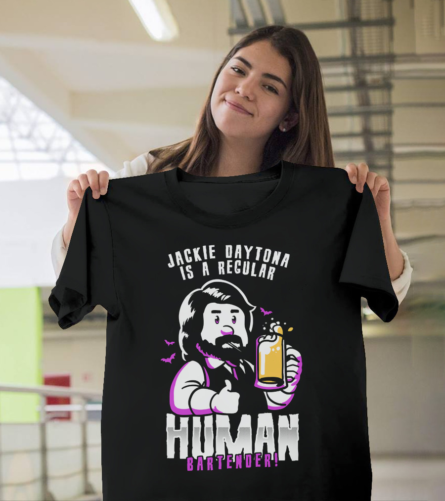 Jackie Daytona Is a Regular Human Bartender Thumbs Up Beer Mug Cartoon Style Bats T-Shirt