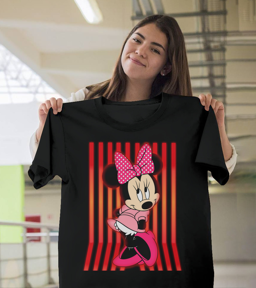 Minnie Mouse Pink Polka Dot Bow Striped Background Pose T-Shirt