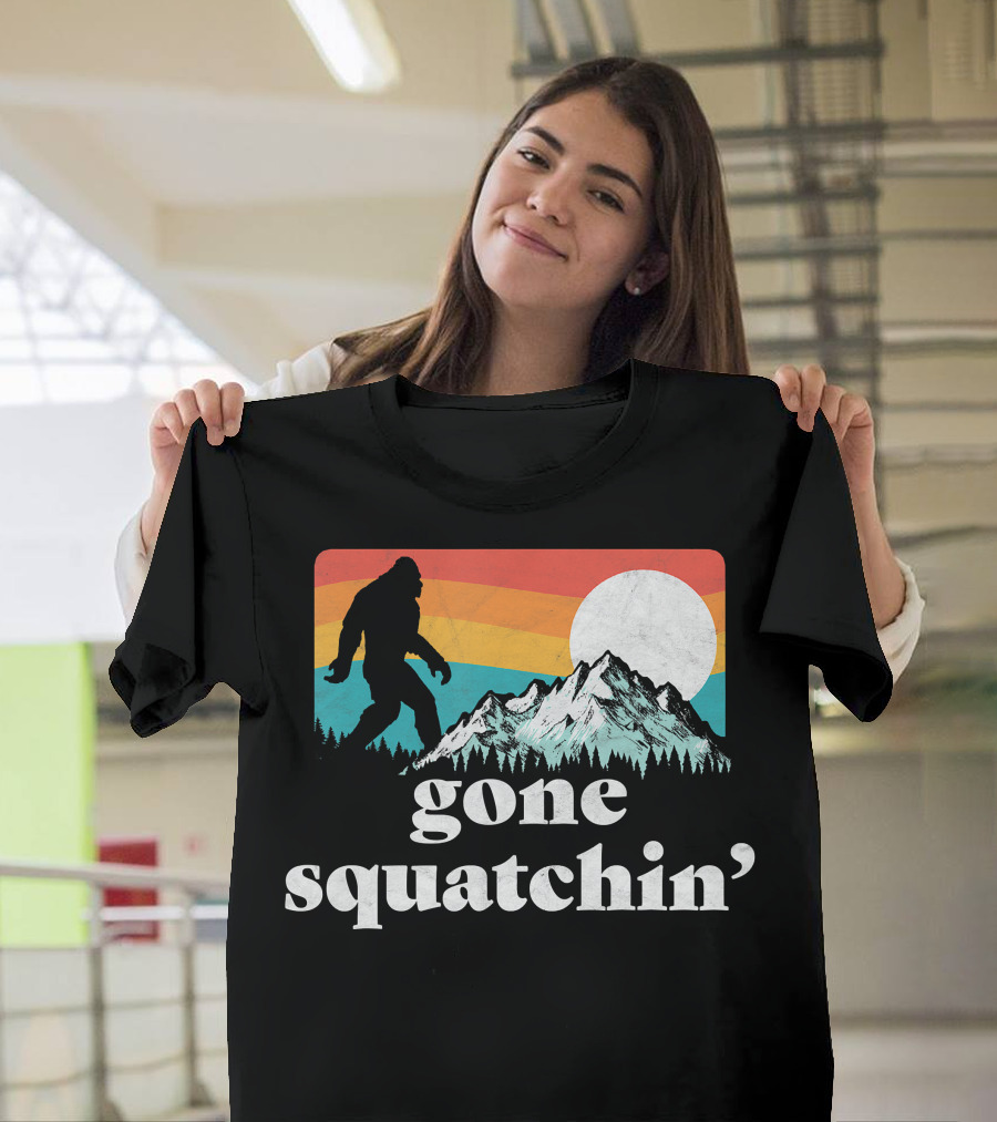 Gone Squatchin Bigfoot Silhouette Retro Mountains Sun T-Shirt