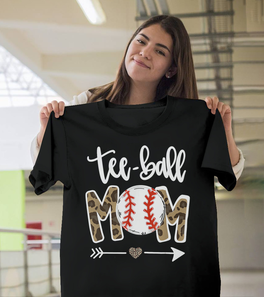 Tee-Ball Mom Leopard Print Baseball Heart Arrow T-Shirt