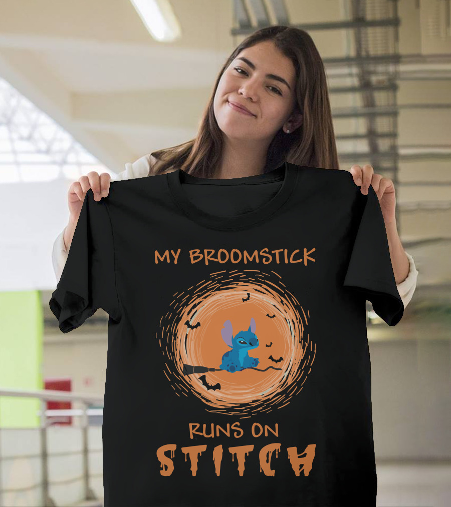My Broomstick Runs On Stitch Halloween Bats Moon T-Shirt