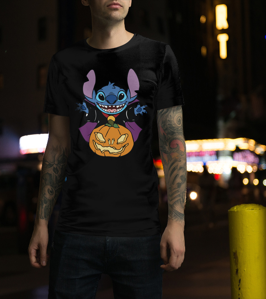 Cute Halloween Vampire Stitch Hugging Pumpkin T-Shirt