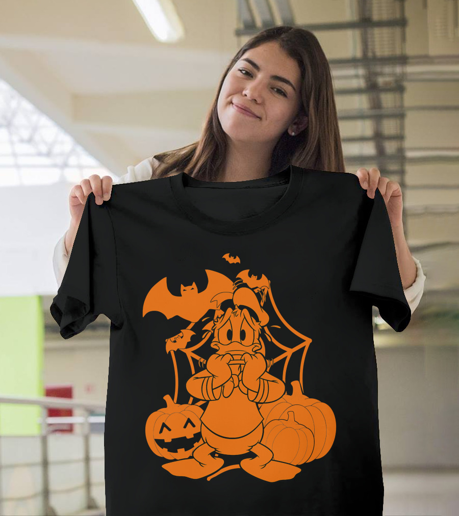 Donald Duck Halloween Pumpkins with Bat and Spider Webs T-Shirt