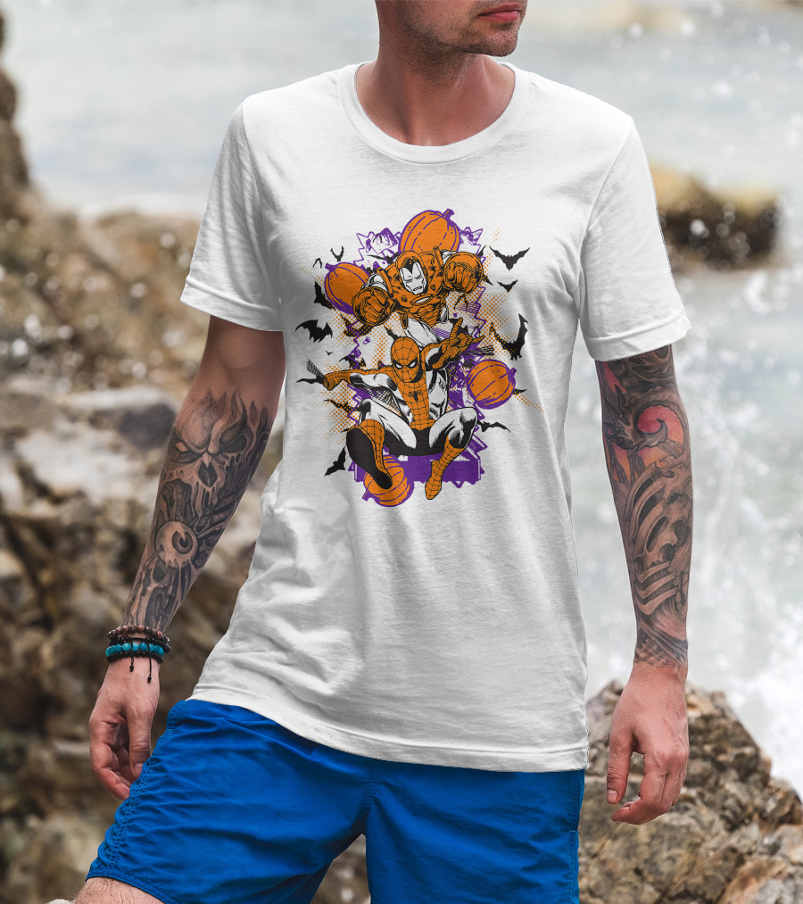 Marvel Spider Man And Iron Man Halloween Pumpkins And Bats T-Shirt
