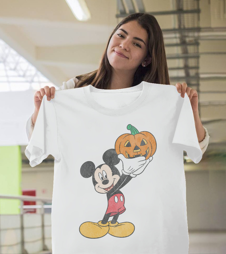 Mickey Mouse Holding Halloween Pumpkin T-Shirt