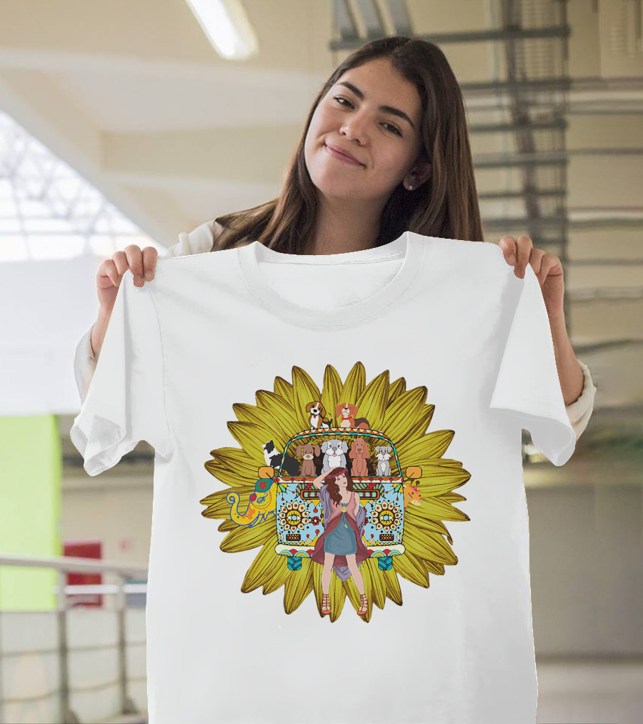 I'm Mostly Peace Love Animals Hippie Van Sunflower Dogs T-Shirt