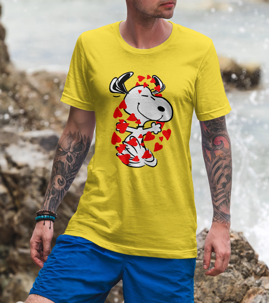 Snoopy Surrounded By Red Hearts Hugging Blissfully T-Shirt