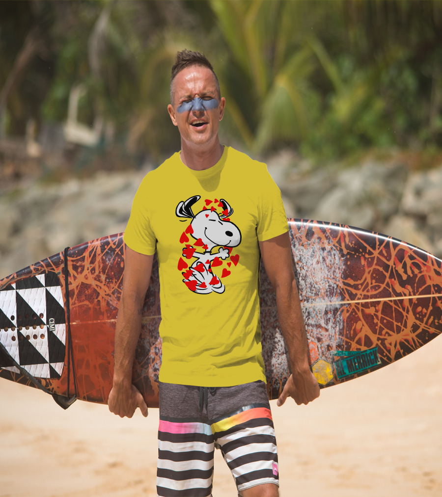 Snoopy Surrounded By Red Hearts Hugging Blissfully T-Shirt