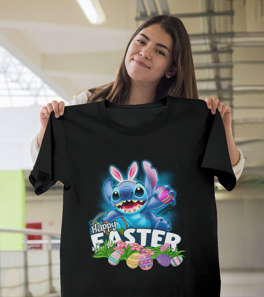 Happy Easter Stitch With Colorful Eggs And Flowers T-Shirt