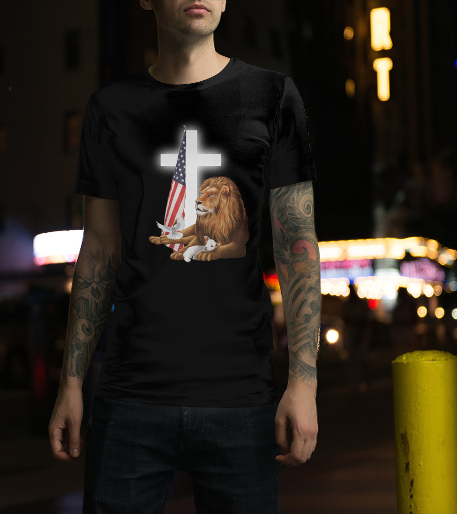 Lion With American Flag And Cross T-Shirt