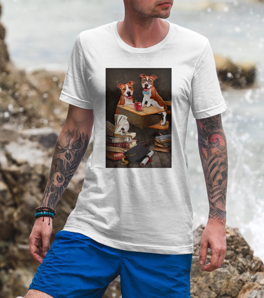 Pitbull Teacher Dogs With Books And Graduation Cap T-Shirt