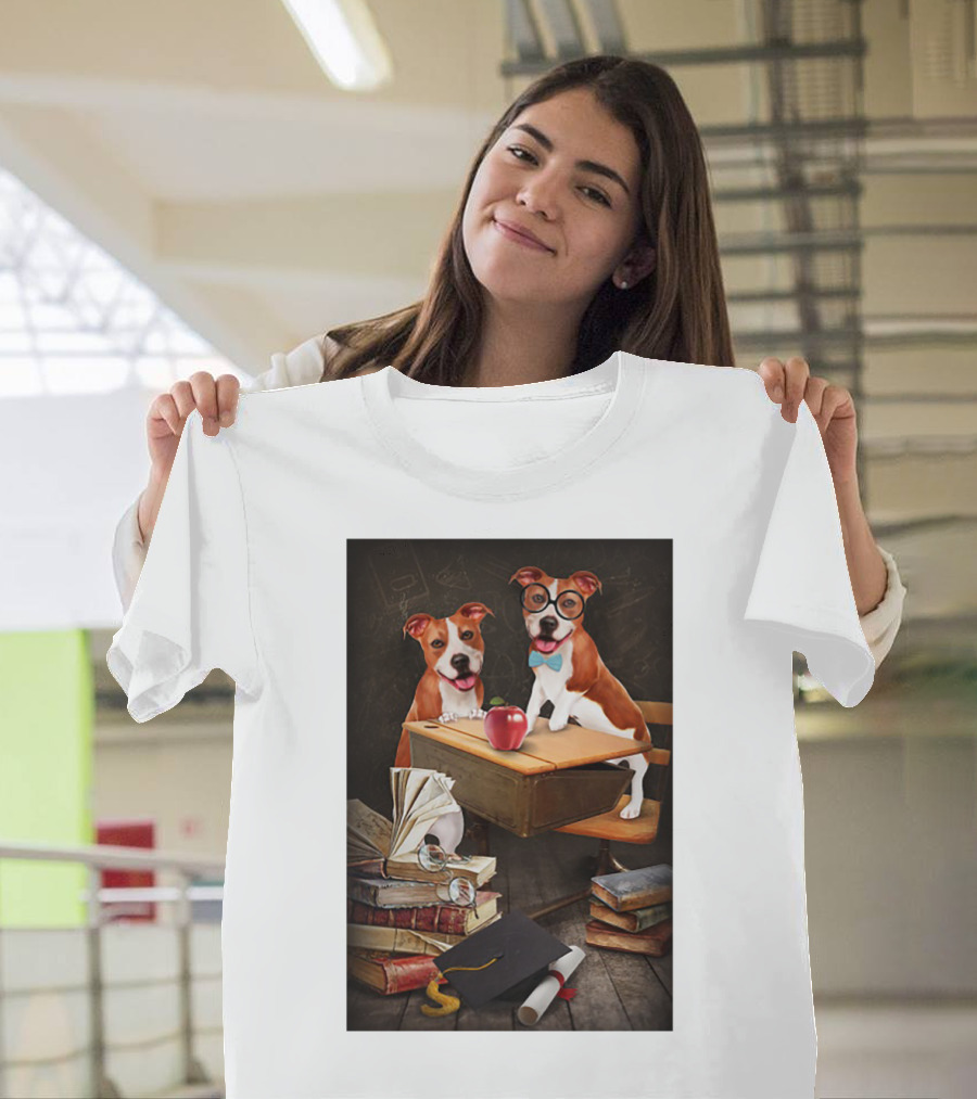 Pitbull Teacher Dogs With Books And Graduation Cap T-Shirt