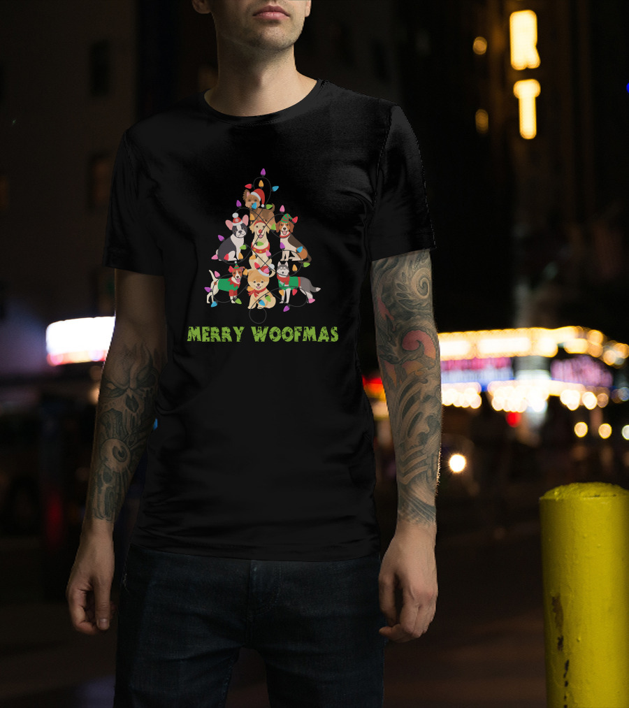 Merry Woofmas Christmas Funny Dog Holiday Tree With Festive Lights T-Shirt