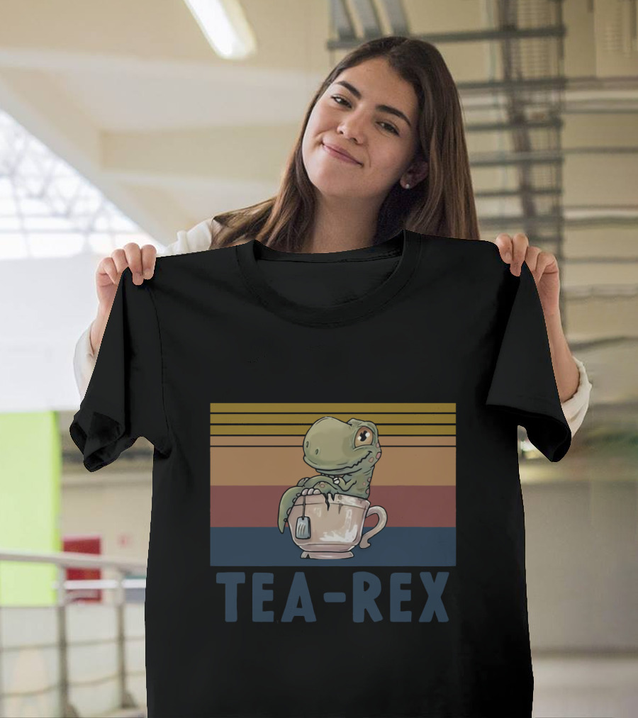 Tea Rex Dinosaur With Retro Sunset Cup T-Shirt