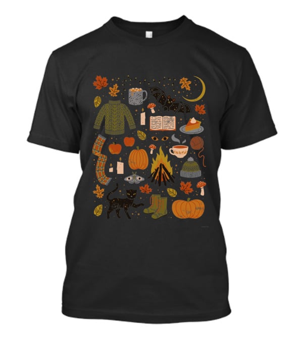 Autumn Nights Cozy Sweater Pumpkin Campfire Black Cat Moonlit Fall Leaves T-Shirt